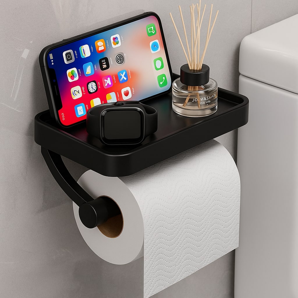 Toilettenpapierhalter | Ablage für Handy & Zubehör | Platzsparend | ShelfRoll
