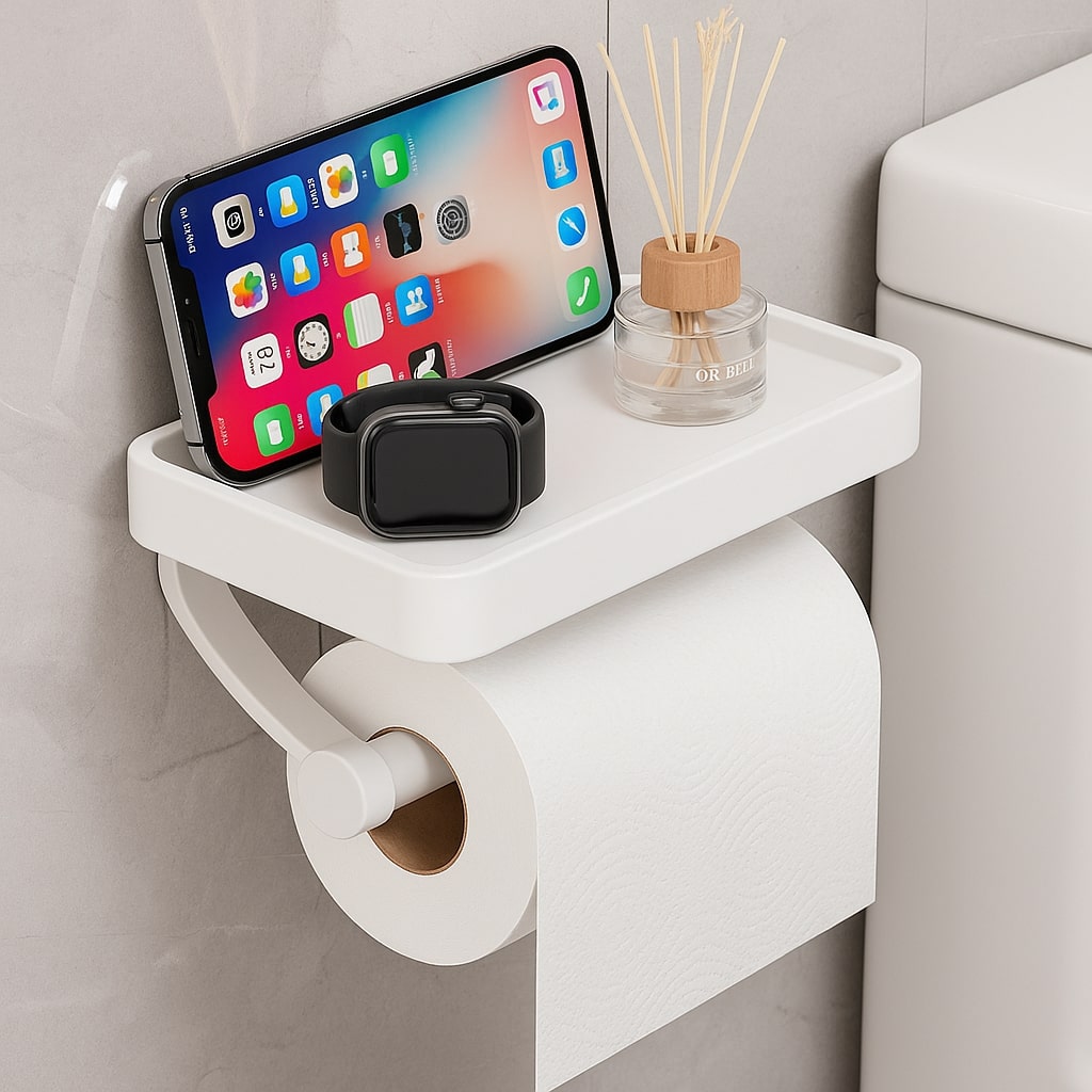 Toilettenpapierhalter | Ablage für Handy & Zubehör | Platzsparend | ShelfRoll