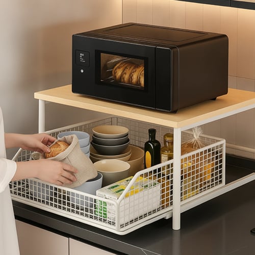 Küchenarbeitsplatten-Organizer | Zweistufige vertikale Aufbewahrung | Herausziehbare Schublade | Holz & Metall
