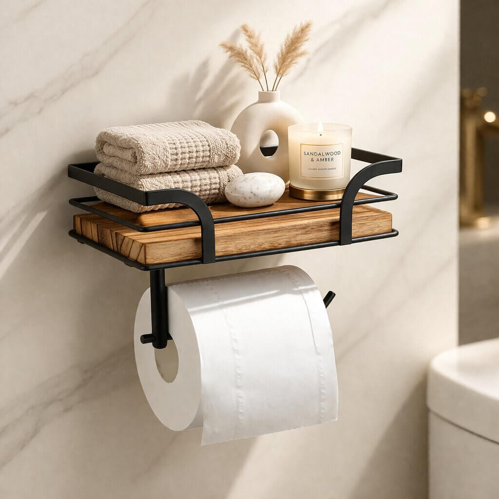 Toilettenpapierhalter | Ablageregal für Bad | Wandmontage, Platz für Handy & Tücher | ShelfRoll