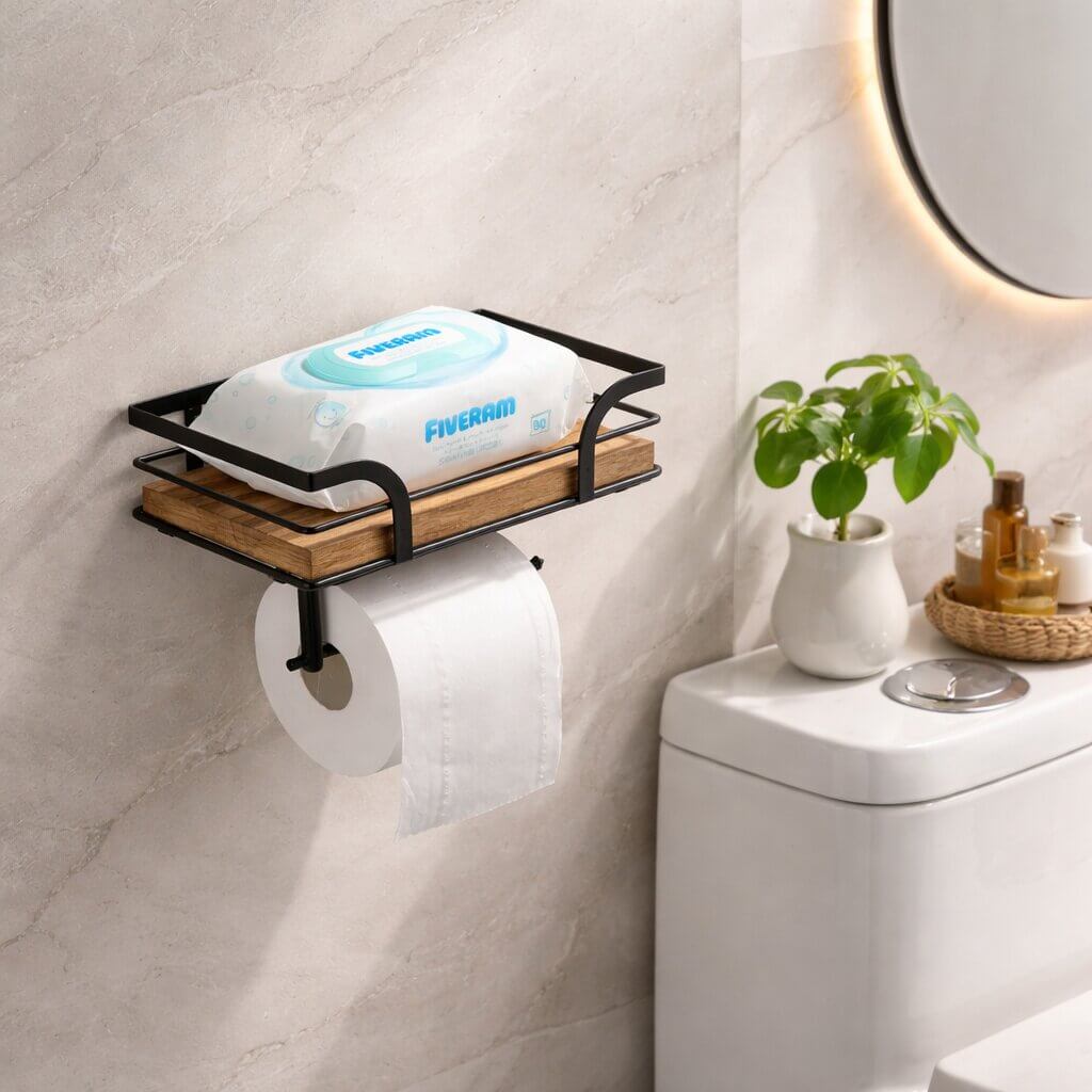 Toilettenpapierhalter | Ablageregal für Bad | Wandmontage, Platz für Handy & Tücher | ShelfRoll