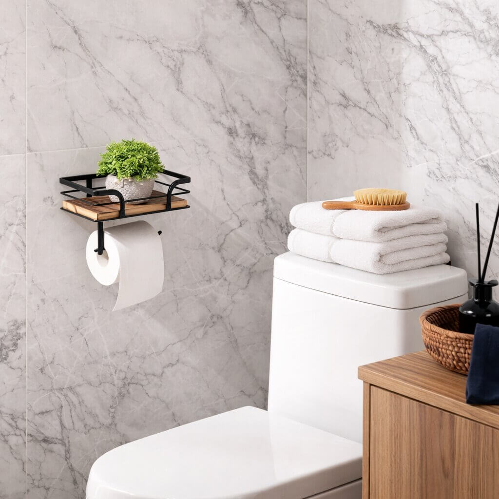 Toilettenpapierhalter | Ablageregal für Bad | Wandmontage, Platz für Handy & Tücher | ShelfRoll
