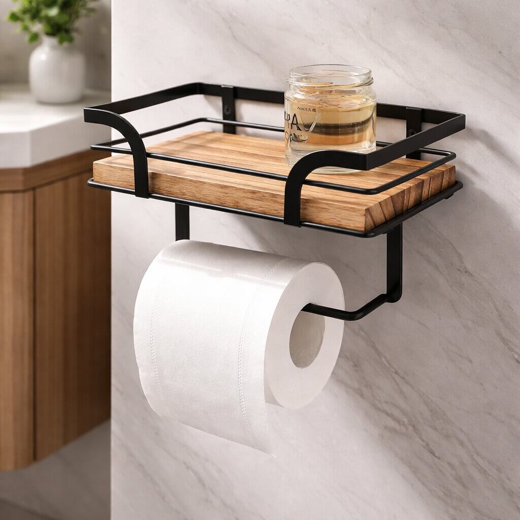 Toilettenpapierhalter | Ablageregal für Bad | Wandmontage, Platz für Handy & Tücher | ShelfRoll