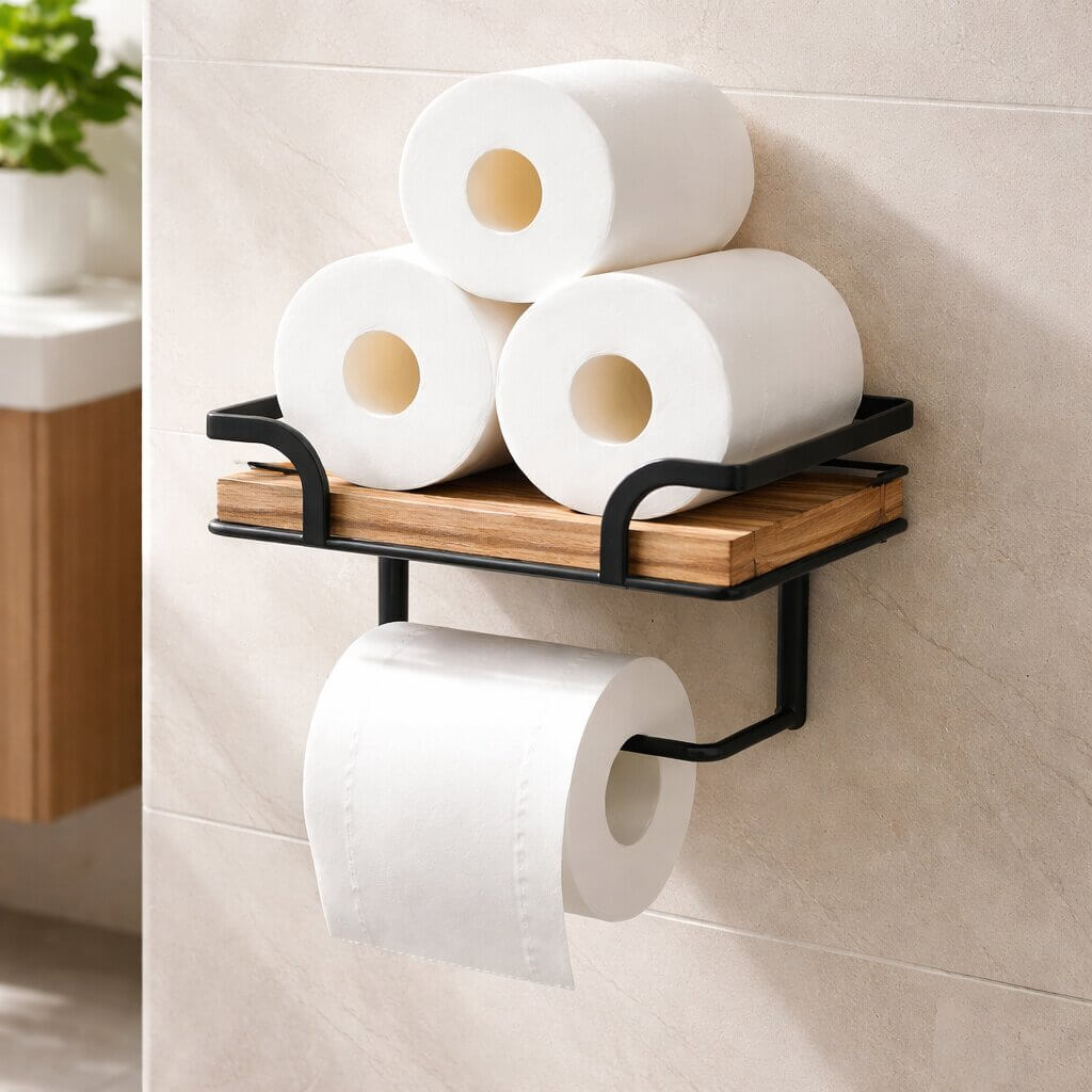 Toilettenpapierhalter | Ablageregal für Bad | Wandmontage, Platz für Handy & Tücher | ShelfRoll