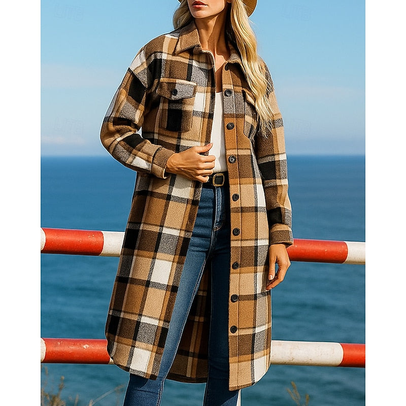 Damen Longline-Mantel mit Karomuster, Knöpfen und Taschen